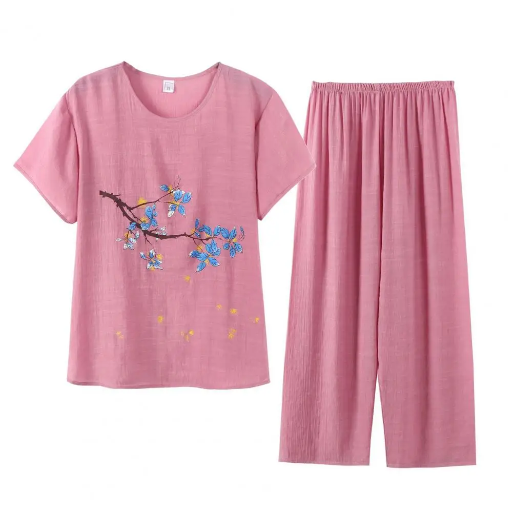 

2 Pcs/Set Fashion Summer Pajamas Set Grandma Style Women Top Pants Set Breathable Flower Print