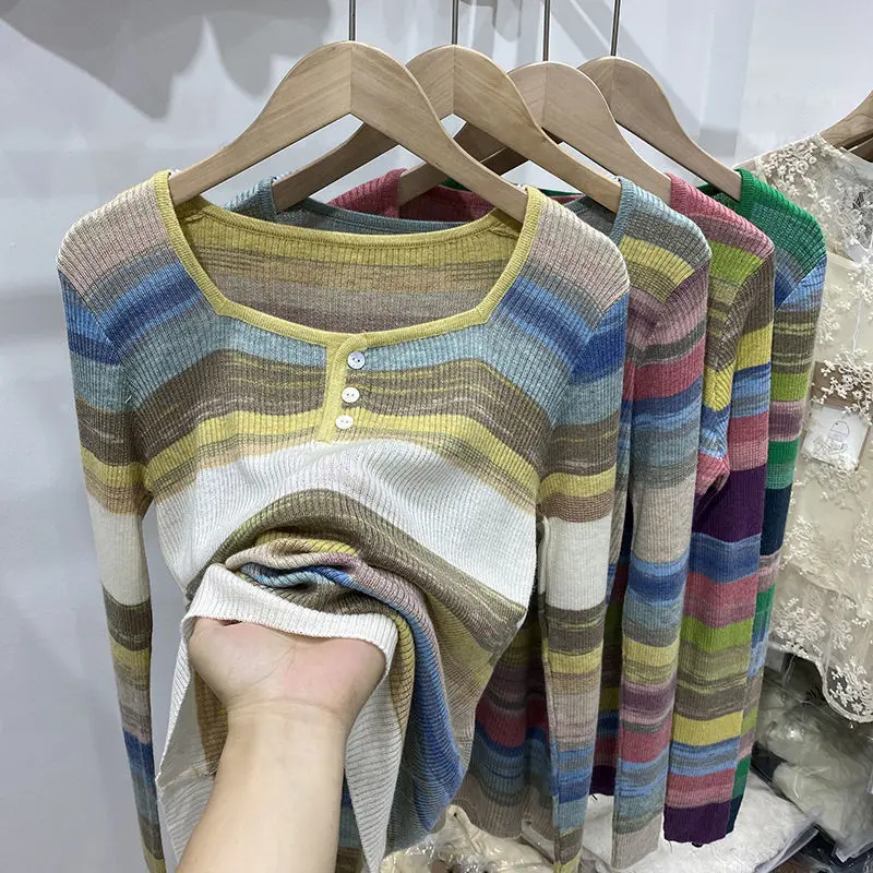 

Korean Top Rainbow New Fall Winter Girl Student Pullover Soft Sweater Women's low O-neck Sweater Women Outer Coat Pull Cloth