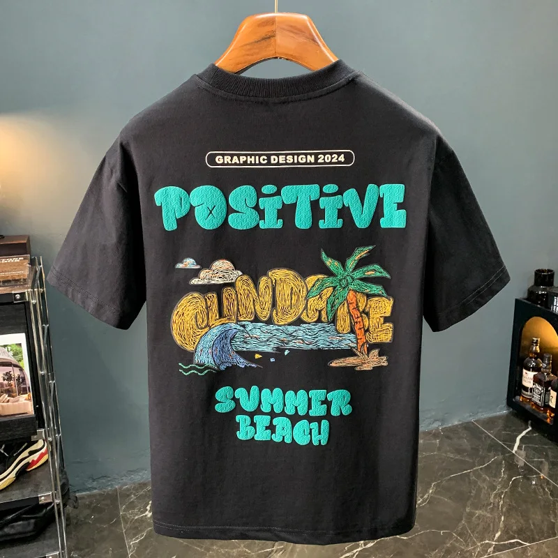 

ThinTT-shirt Men's Summer Fashion Brand New Cartoon Printed Half Sleeves Clothes Sweat-Absorbent Breathable round Neck Top