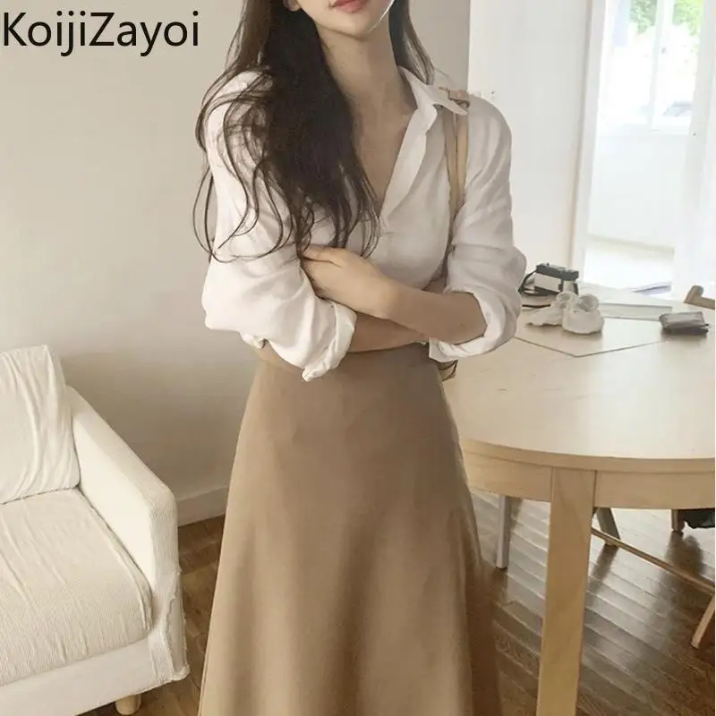 

Koijizayoi Fashion Women Two Pieces Set White Casual Loose White Shirt High Waist Lon Skirt Office Lady Korean Outfits Chic Suit