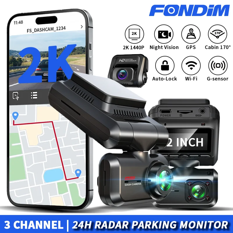 

FONDIM GPS Dash Camera for 3CH Car DVR 4K Front+1K Cabin Cam with Rear Cam Auto Video Recorder Support 24H Parking Monitor (A7)