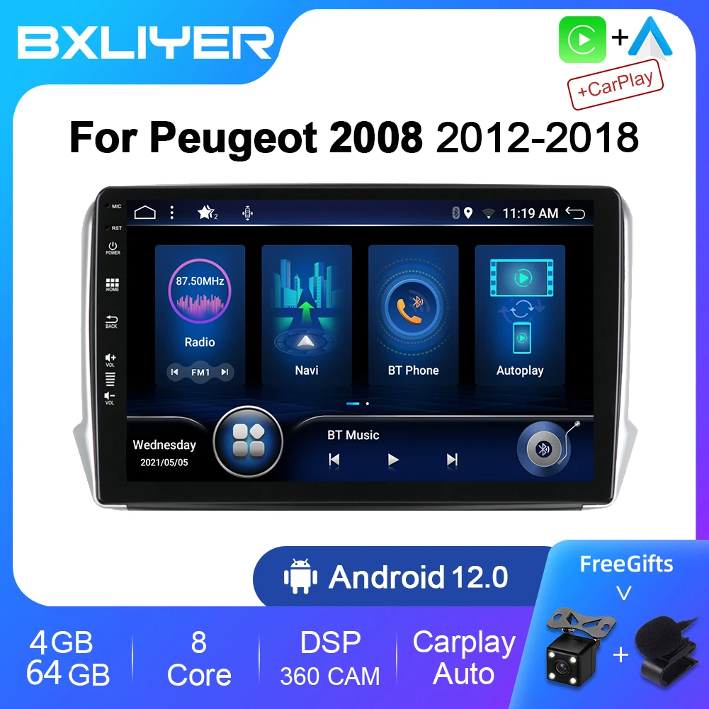 4 + 64Gb Carplay Android 12 Autoradio Stereo Per Peugeot 2008 208 2012-2018 Lettore Multimediale 2 Din Unità Principale Di Navigazione Gps Dab +