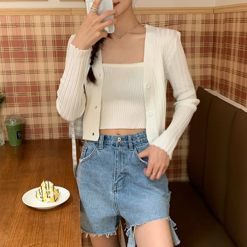 

Women Autumn Korean Style Two Piece Set Cardigan Sexy Candy Color Long Sleeve Ribbed Knitted Cropped Sweater And Vest