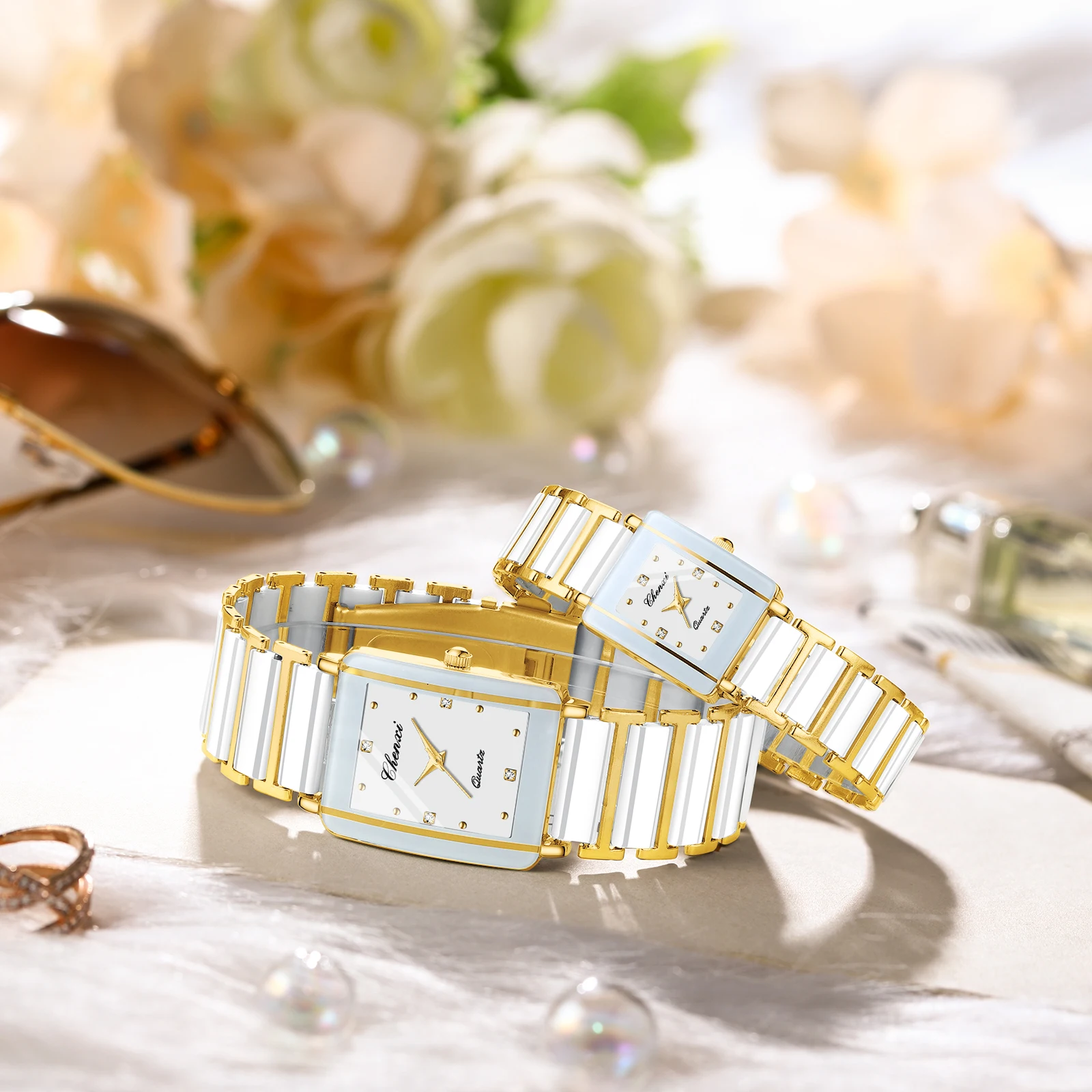 CHENXI 104A Luxury Couple Watch with Imitation Ceramic Strap and Exquisite Date Feature