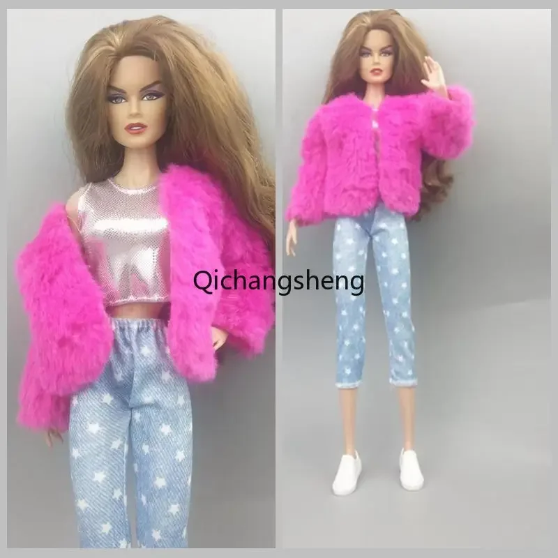 Rosy 1/6 Doll Outfits Set For Barbie Clothes For Barbie Dolls Accessories Clothing Fur Coat Vest Jeans Pants Trousers Toys 11.5