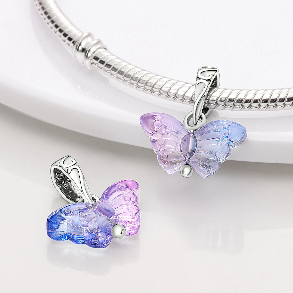 Silver Plated Purple Charms Flower Butterfly Dangle Charm Beads Fit Original Bracelet Diy Pendants