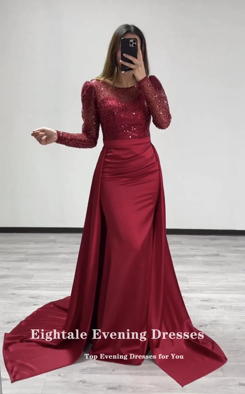 Buy Eightale Dark Red Evening Dresses with Detachable Skirt Customized Long  Sleeves Satin Mermaid Party Prom Gown robe de soirée at Aliexpress for .  Find more , and products. Enjoy ✓Free Shipping ...