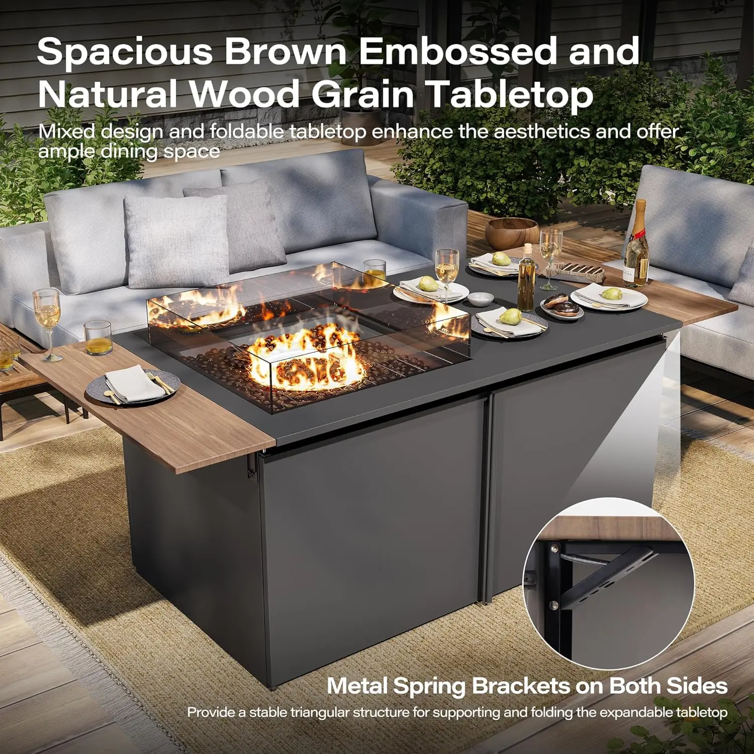 64" Gas Fire Pit Table for Outside Patio, 55,000 BTU Propane Firepit with Expandable Tabletop & Wind Guard 3