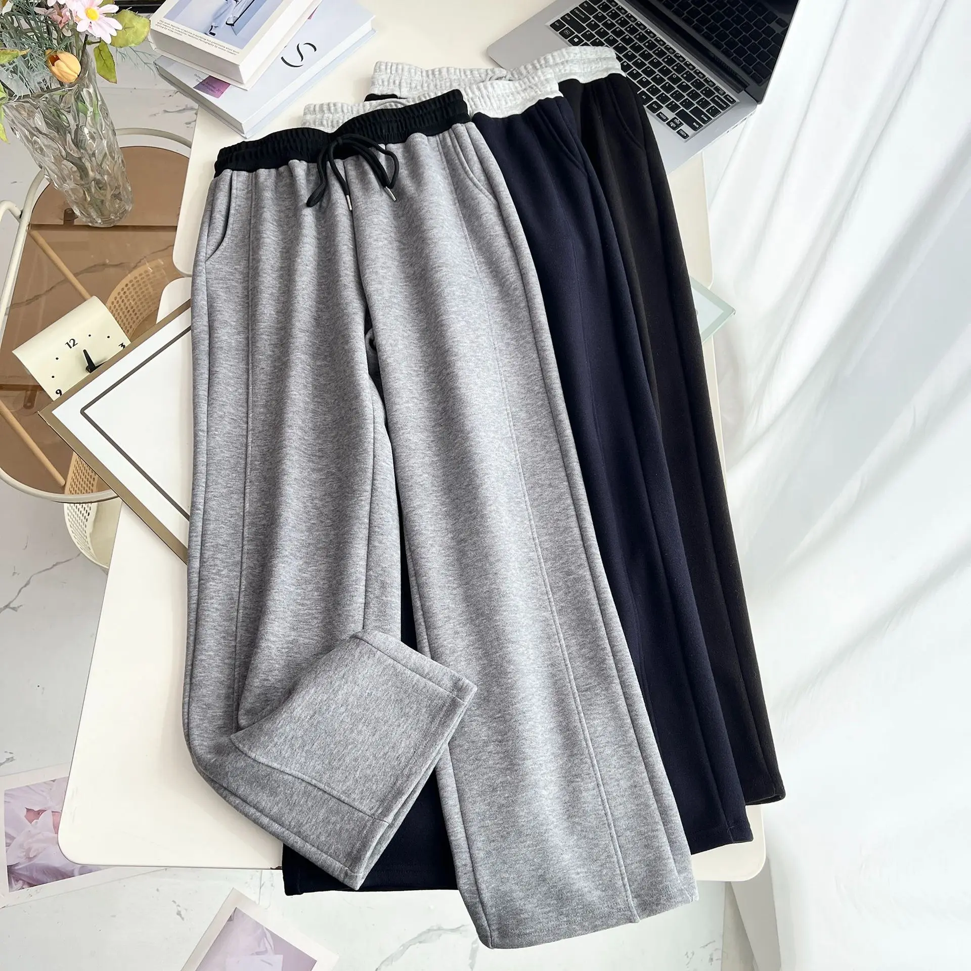 XXXXL Fashion Plus Size Women's Straight Leg Pants Casual color-blocking Waist Fleece Thickened Trousers For Autumn And Winter