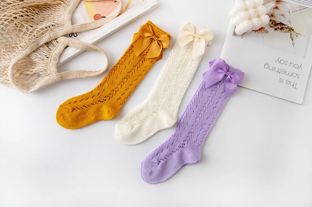 New Summer Bow Baby Girls Socks Toddler Long Sock Infant Knee High Cotton Mesh Spanish Style Breathable Socks For 0-8years