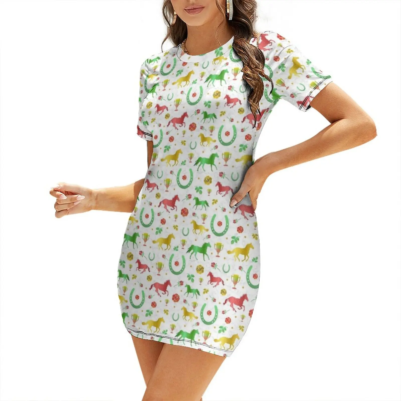 

Horse Racing Derby Day Party Colorful Spring Pattern Short Sleeved Dress Dresses for wedding party elegant women's sets