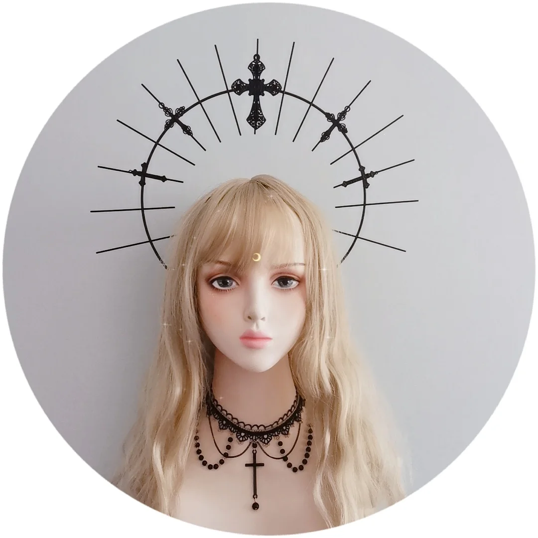 

Lolita KC Halo Crown Gothic Virgin Mary Goddess Dark Cross Spiked Crown Headpiece Exaggerated Papal Hair Crown Hair Hoop