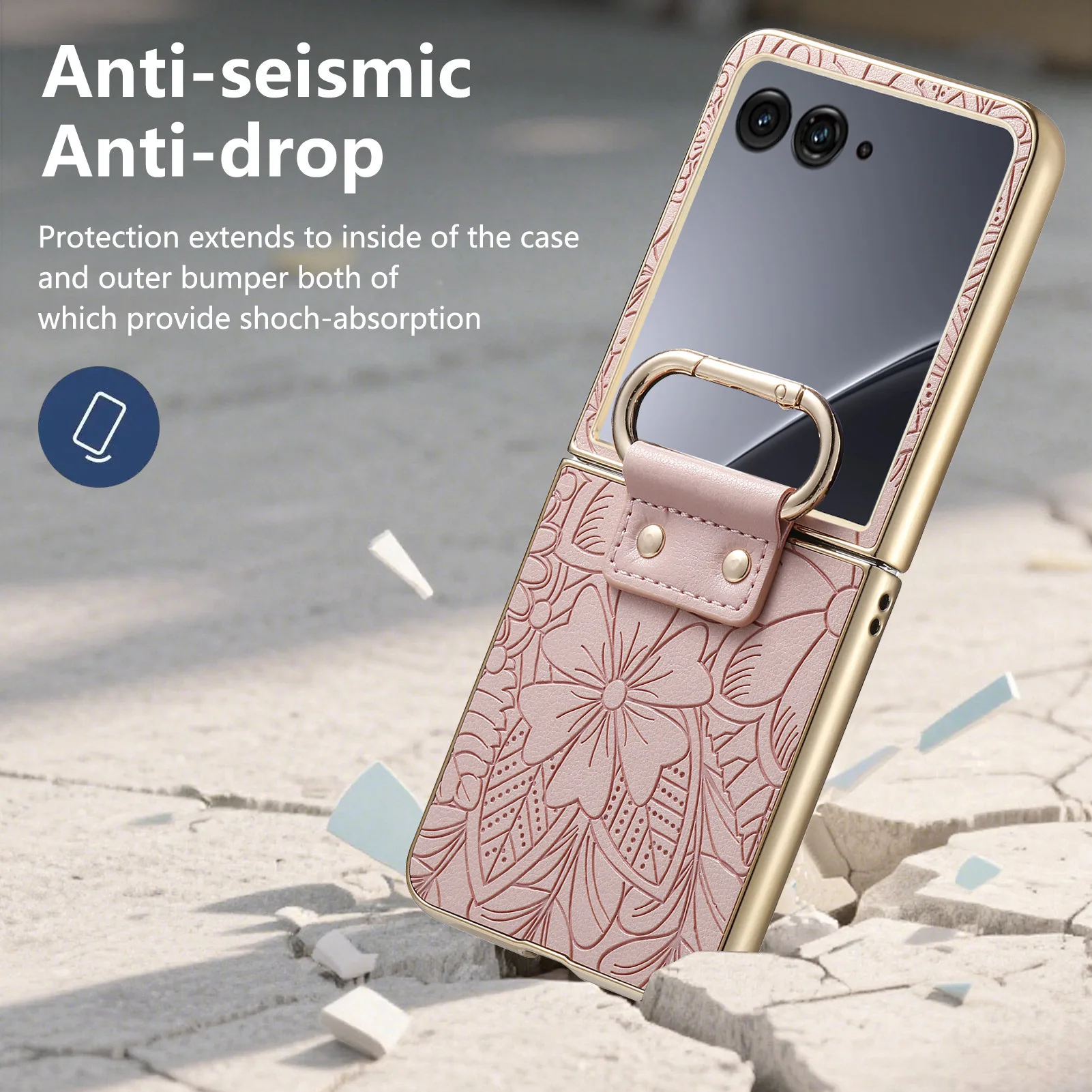 Elegant Embossed Flower Leather Case with Ring Holder - Comfortable Grip and Shockproof Slim Cover