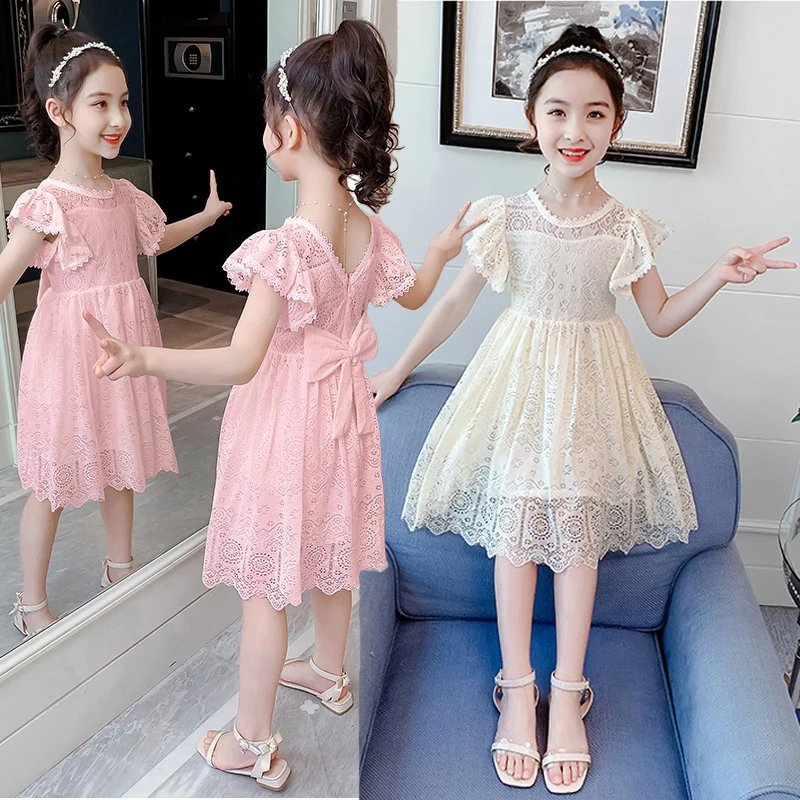 

2022 New Summer Teenager Girls Dress 2 Color Lace Bow Princess Party Dresses For Girl Big Size Children Mesh Cute Clothes