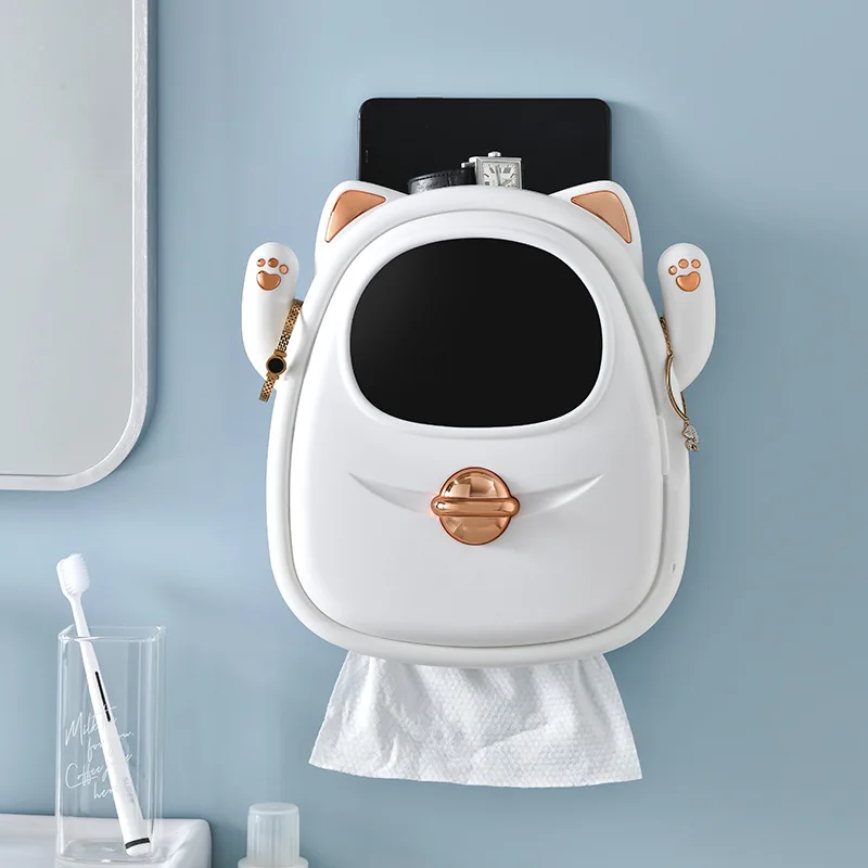 Toilet Paper Holder Wall Mount Cat Toilet Paper Holder Waterproof Tray Roll Tube Tissue Box Drawer Tissue Holder Bathroom Storage Shelves