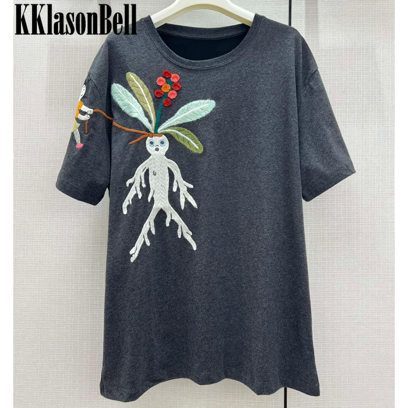 

12.12 KKlasonBell Cartoon Embroidery Cotton Tee Women Short Sleeve Drak Grey T-Shirt