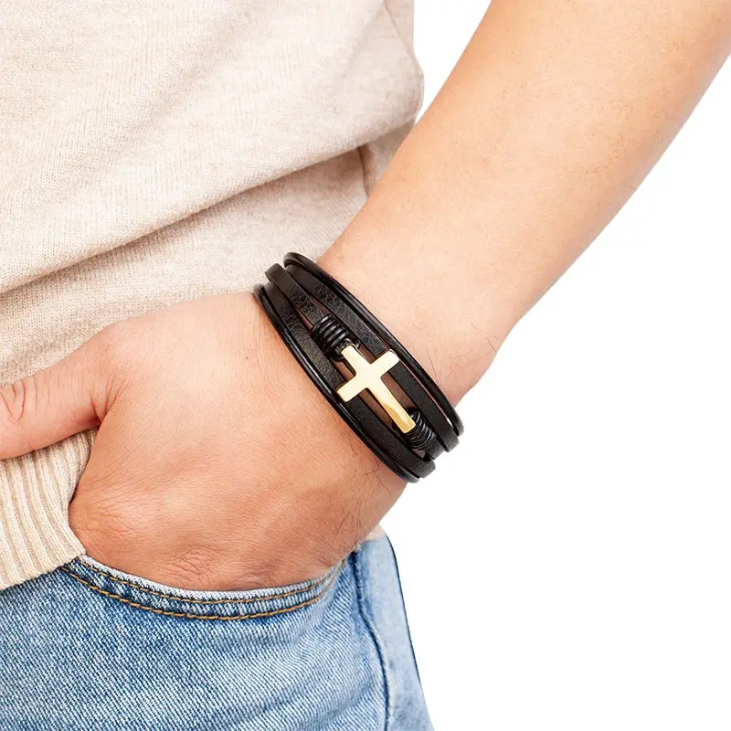 Mens Black Leather Bracelet Multi Layer Braided Leather Cross Bracelet Religious Confirmation