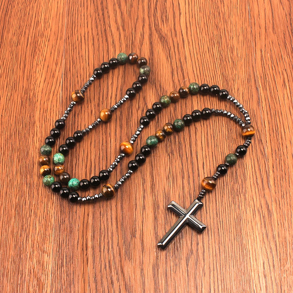 Natural Stone Africa Turquoise and Tiger-eye Beads Cross Pendant Necklace Rosary Men Women