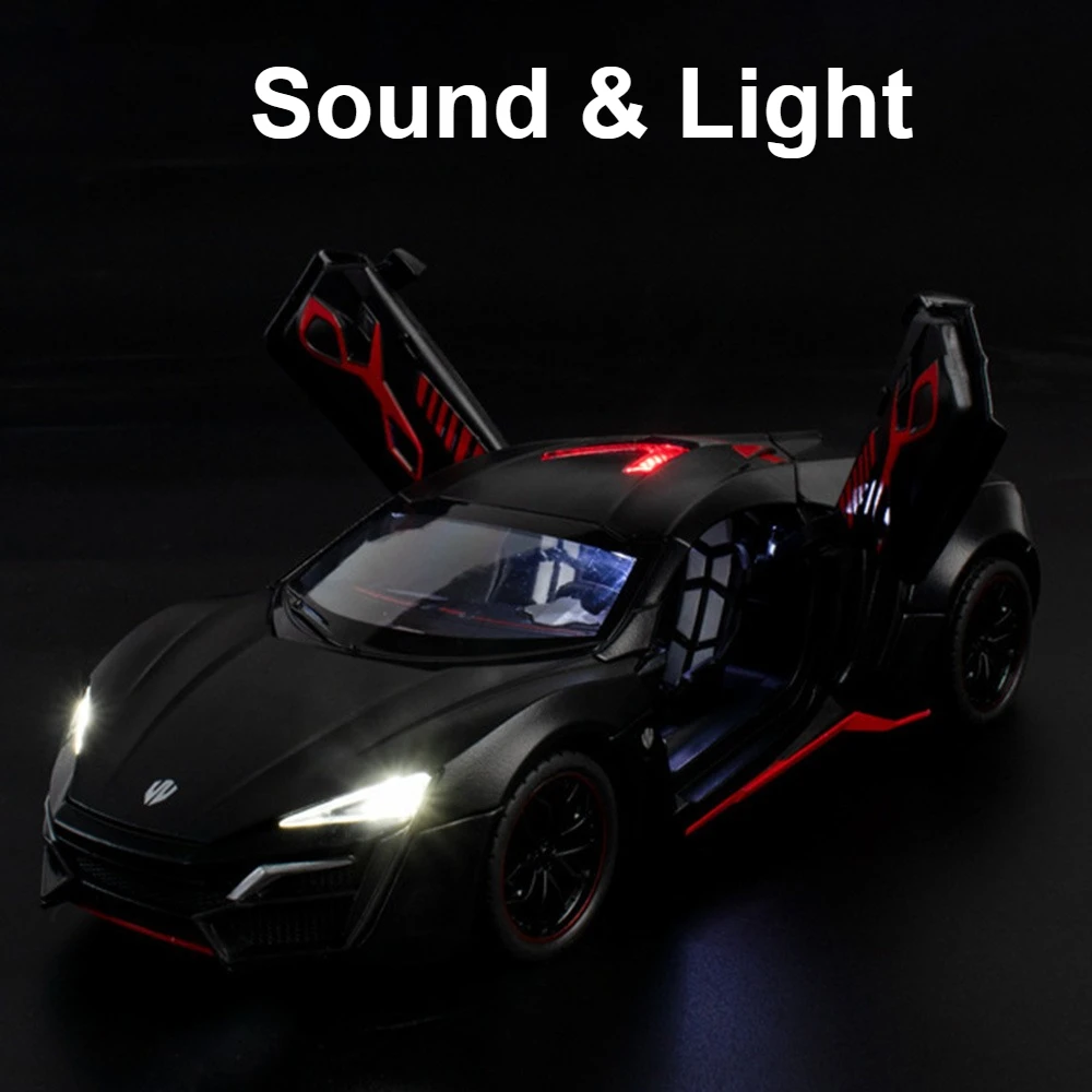 스케일 1:24 Lykan 자동차 모델 장난감 다이캐스트 합금 도어 열림 사운드 라이트 풀백 고무 타이어 Supercar 미니어처 모델 어린이 선물