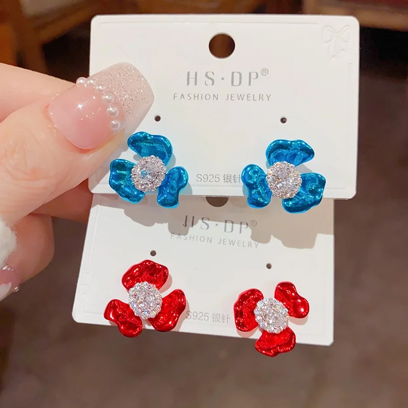 Design Fashion Unique Spray Paint Flower Zircone S925 Argento Ago Orecchini Temperamento Di Fascia Alta All'Ingrosso