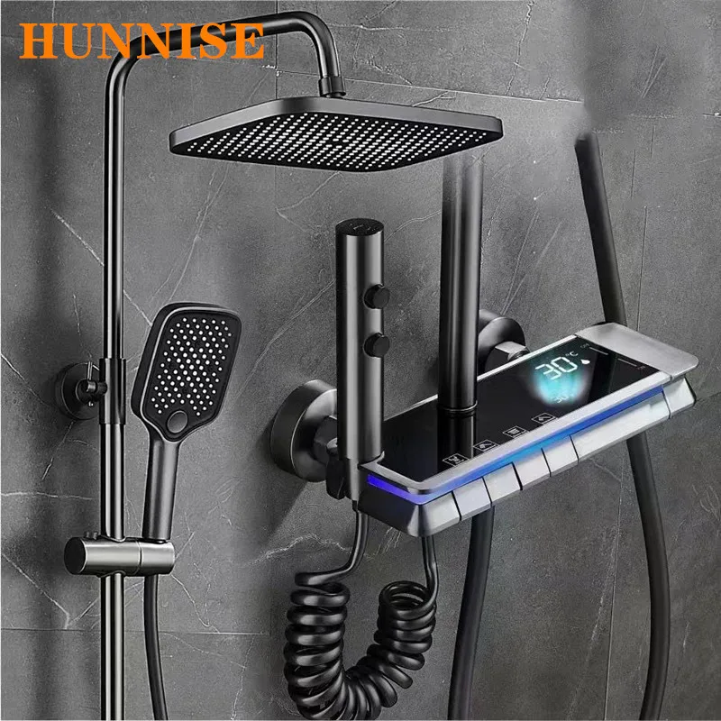 

Newly Piano Digital Shower Set of 12 Inch Rainfall Shower Head Hot Cold Bathroom Mixer Faucets Brass Grey Digital Shower System