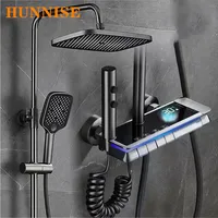 Newly Piano Digital Shower Set of 12 Inch Rainfall Shower Head Hot Cold Bathroom Mixer Faucets Brass Grey Digital Shower System 1