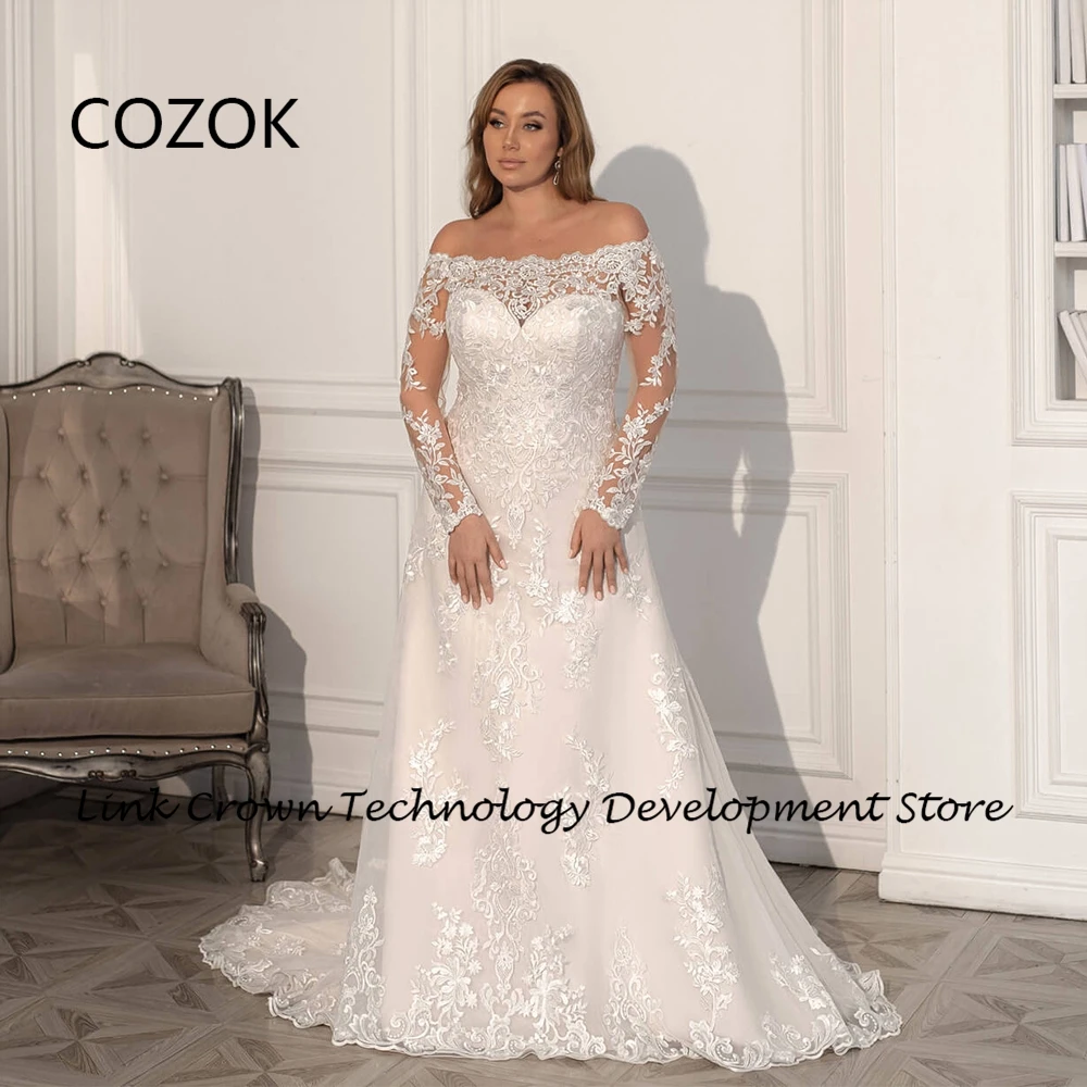

COZOK Boat Neck Off Shoulder Wedding Dresses for Princess Plus Size A Line Bridal Gowns with Lace Court Train Vestidos De Novia