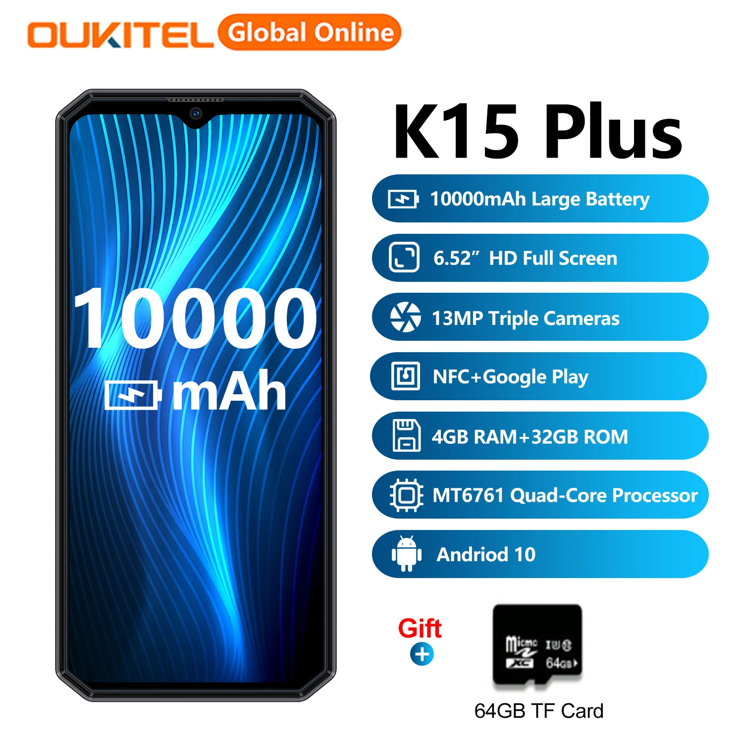 Oukitel k15 plus 10000mah nfc smartphone 6.52 "android 10.0 face id ...