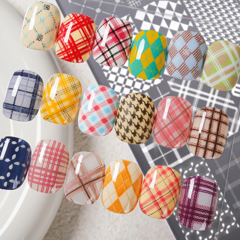 14.5*9.5CM 네일 스탬핑 플레이트 격자무늬 기하학적 매니큐어 DIY 스텐실 메탈 다중 패턴 몰드 네일 디자인 전문 플레이트