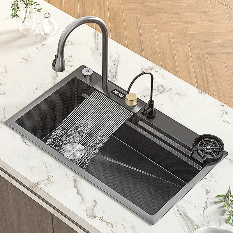 

Waterfall Faucet Nano Kitchen Sink with Left Dish Drainer for Kitchen Sink Multifunctional Kitchen Novel Kitchen Accessories