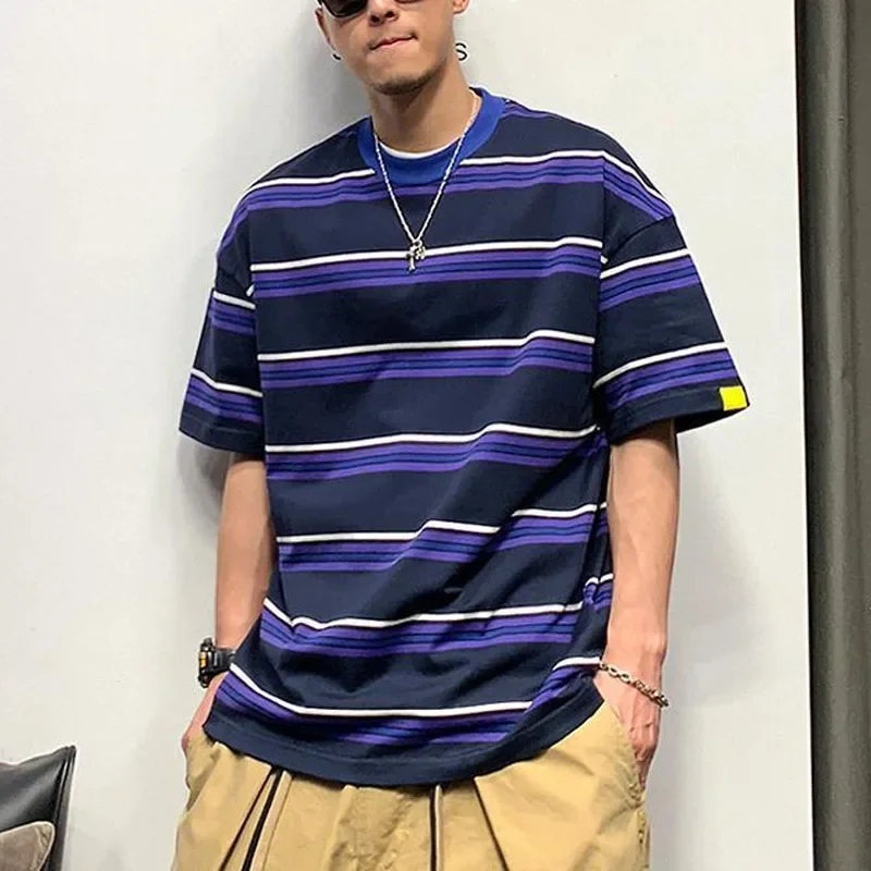 

Young Style 2024 Summer New Men's Crew Neck Contrast Color Striped Casual Fashionable Trendy Loose Half Sleeve Tops T-shirt