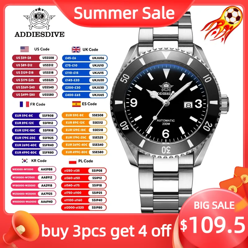 ADDIESDIVE Top Brand NH35 Men Automatic Mechanical Watch Sapphire Stainless Steel 200M Luminous Diving Watches Relogio Masculino