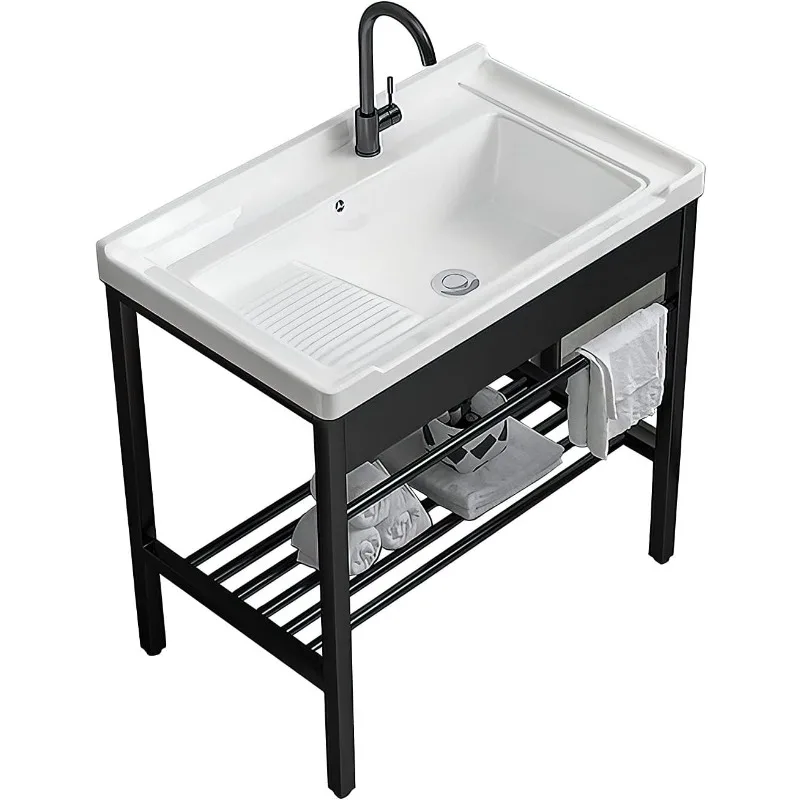 

Freestanding Sink, 28.3" × 19" × 32.3" Ceramic Utility Sink with Washboard Set with Bracket and Drain Kit for Laundry Room