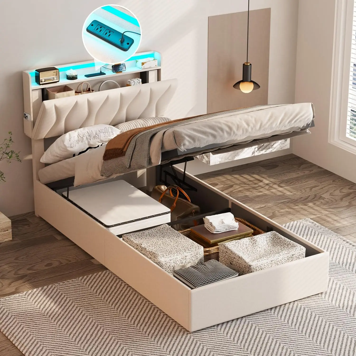 Twin Size Lift Up Storage Bed Frame with Adjustable Headboard, Charging Station, LED Lights, Wood Slats, Noise-Free