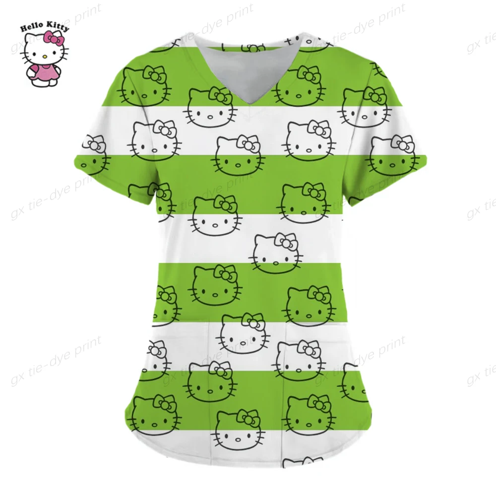 thumbnail image 1 of Camisetas de verano con cuello en V de Hello Kitty, camisetas de hospital para mujer 2023, uniforme de enfermera, ropa de mujer, camisetas con bolsillo, camisetas, 1 of 5