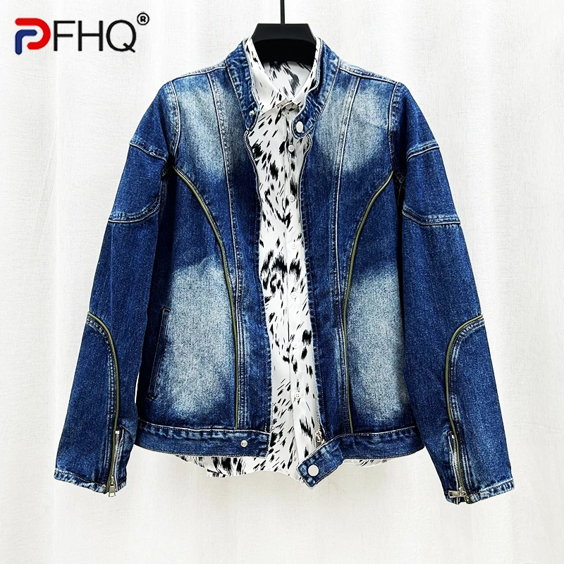 

PFHQ Line Design Zippers Denim Coat Men's Loose Safari Style Avant-garde Original Outdoor Stand Cool Autumn Tide Jackets 21Z3038