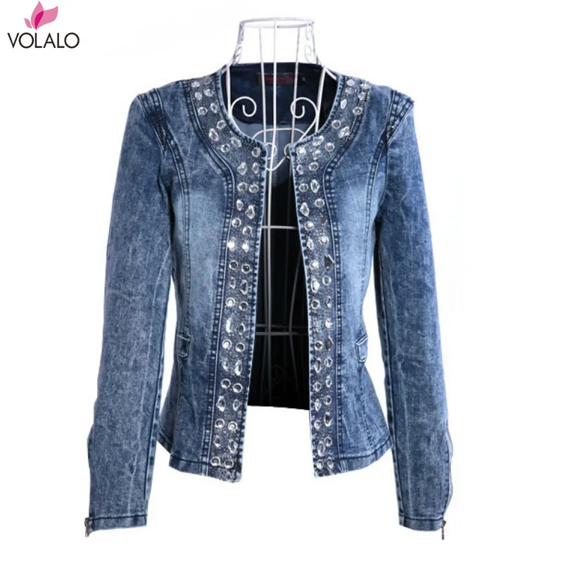 

Washed Jeans Jacket Slim Light Long Sleeve Streetwear Short Style Lapel Coats Autumn Spring Women Ripped Demin Sequins Jacket