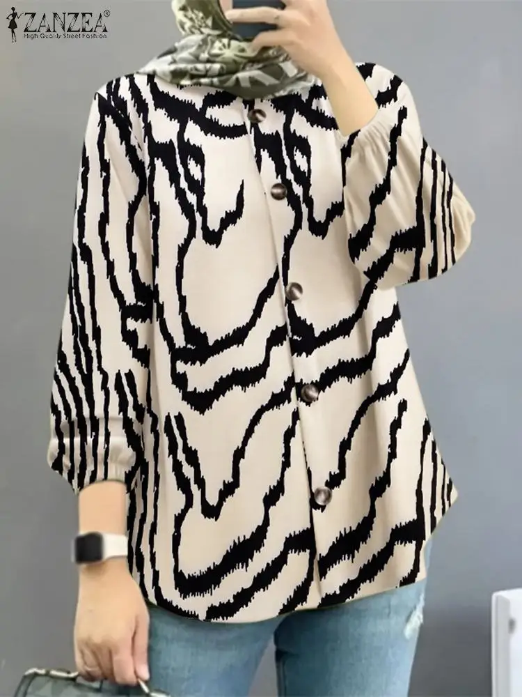 

ZANZEA Muslim Fashion Tops For Women Bohemain Printed Shirt Vintage Long Puff Sleeve Blouse Autumn Blusas IsIam Clothing Abaya