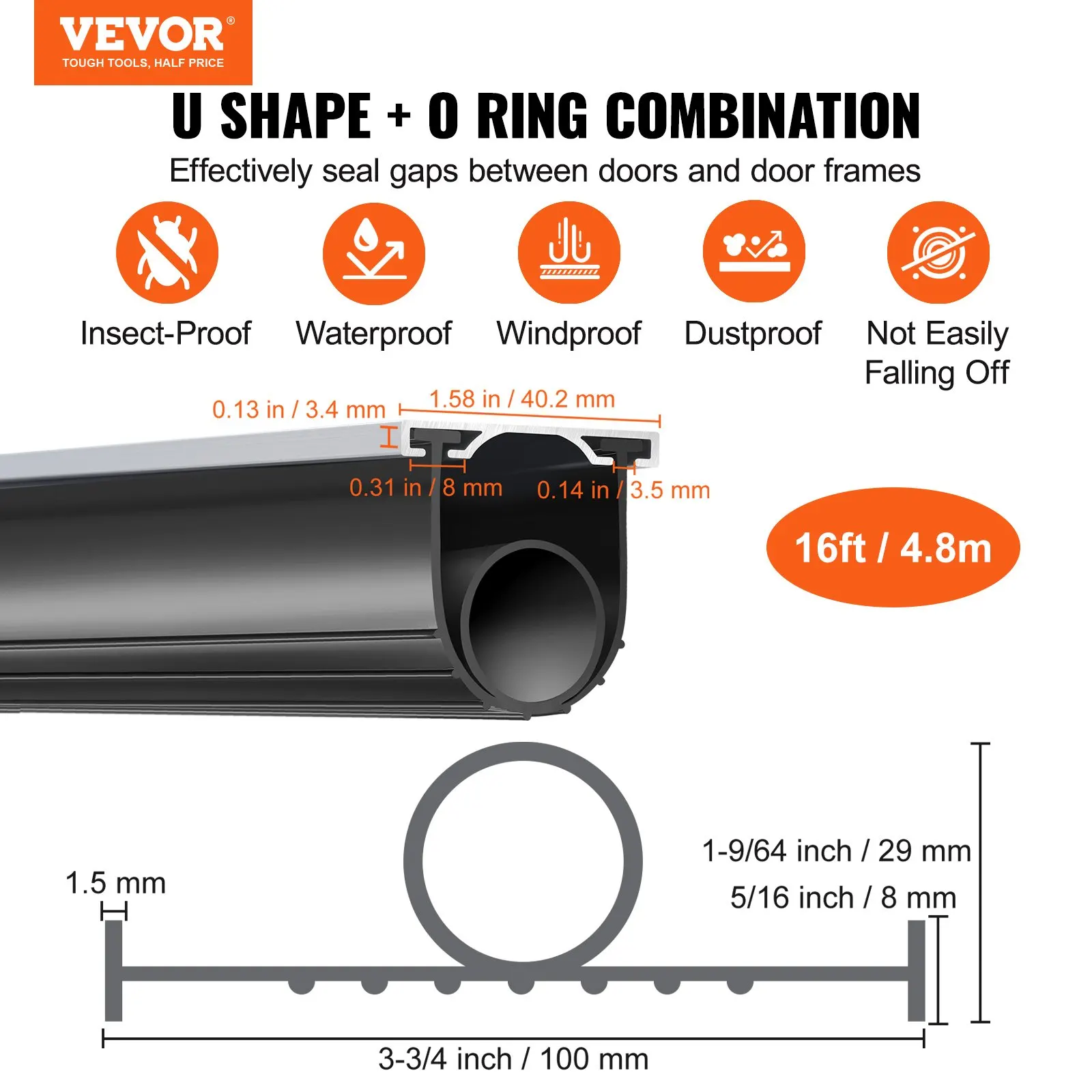 Garage Door Seals Bottom Rubber, U Shape O Ring Combination Garage Door Weather Stripping With Pre-drilled Aluminum Track