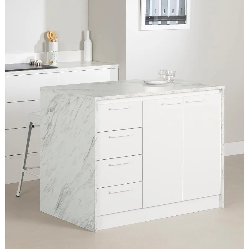 South Shore Myro Kitchen Island, Faux White Marble and White 2