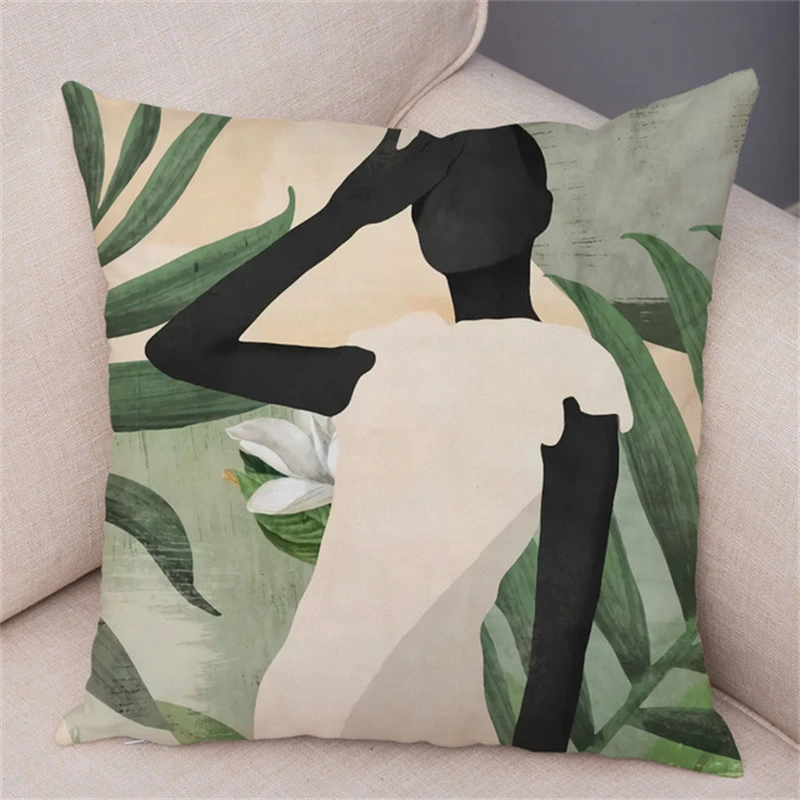 2022 Tropical Plant Soft Plush Black Africa Girl Pillow Case Linen Geometric Fashion Women Cushion Cover for Sofa Car Home Decor