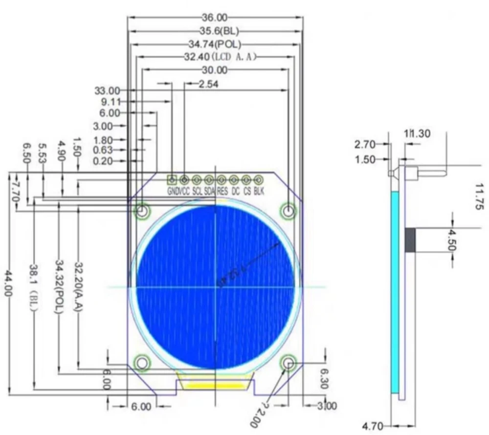 1,28-Zoll TFT LCD-Displaymodul, rund, RGB, 240*240, GC9A01-Treiber, 4-Draht-SPI-Schnittstelle, 240x240 Auflösung, Adapter-Leiterplatte für Arduino – Detail 4