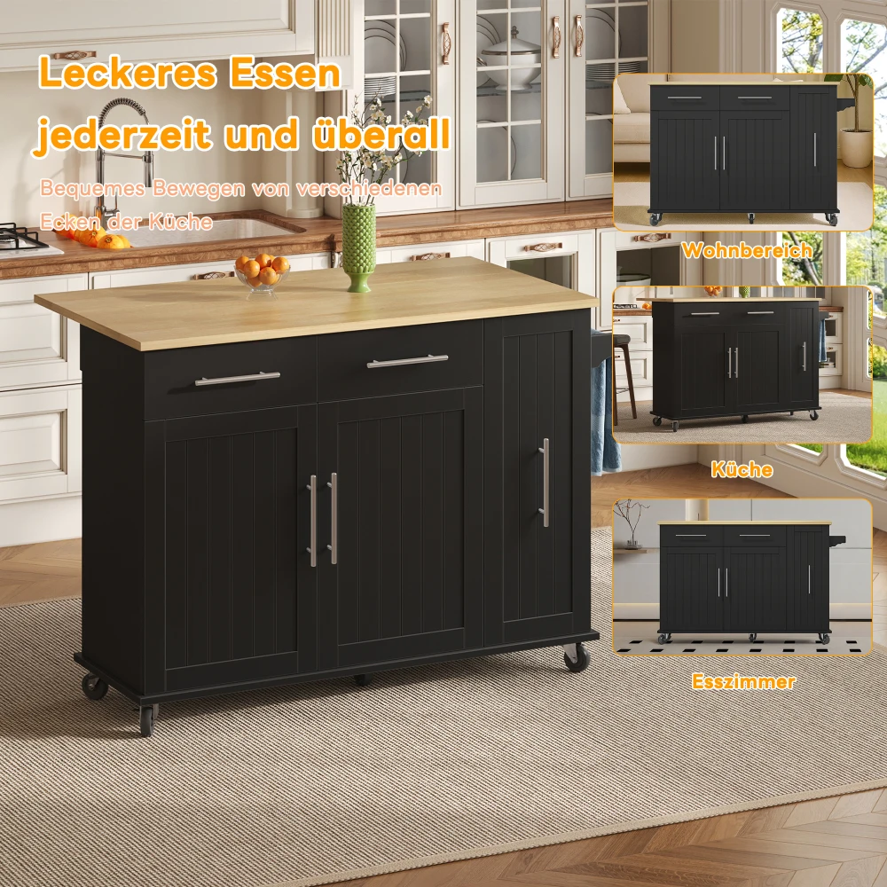 Kücheninsel mit Drop Leaf, Aufbewahrungswagen mit 3-stufig ausziehbarem Schrank-Organizer, internes Lagerregal, Rollwagen auf Rädern – Detail 32