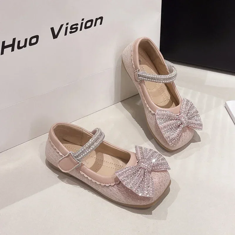 New Kids Party Shoes Bling Sequins Bowknot Little Girls Leather Shoes Spring Autumn Shallow Children Causal Wedding Flat