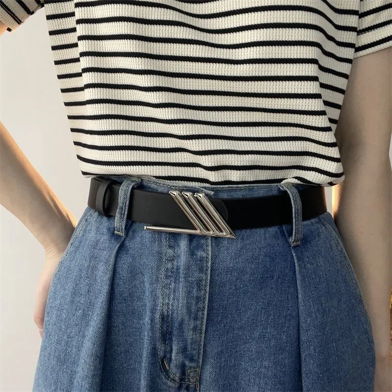 

y2k silvery Geometry Snap Metal Buckle Belt For Women Lady Solid Color Thin PU Leather Straps Jeans Pants Wild Decor Waistband