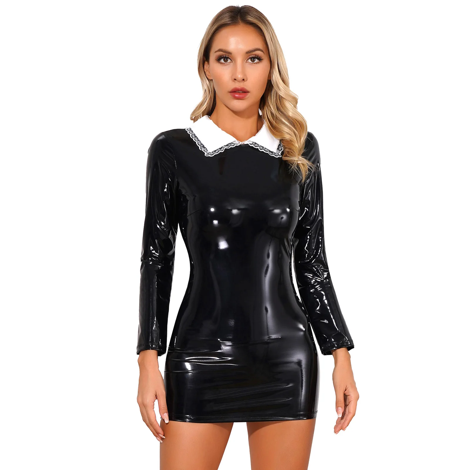 Vestido ajustado de látex con cuello de satén y cremallera en la espalda para mujer, minivestido de charol brillante, vestido gótico, vestido de monja, ropa de club para cosplay