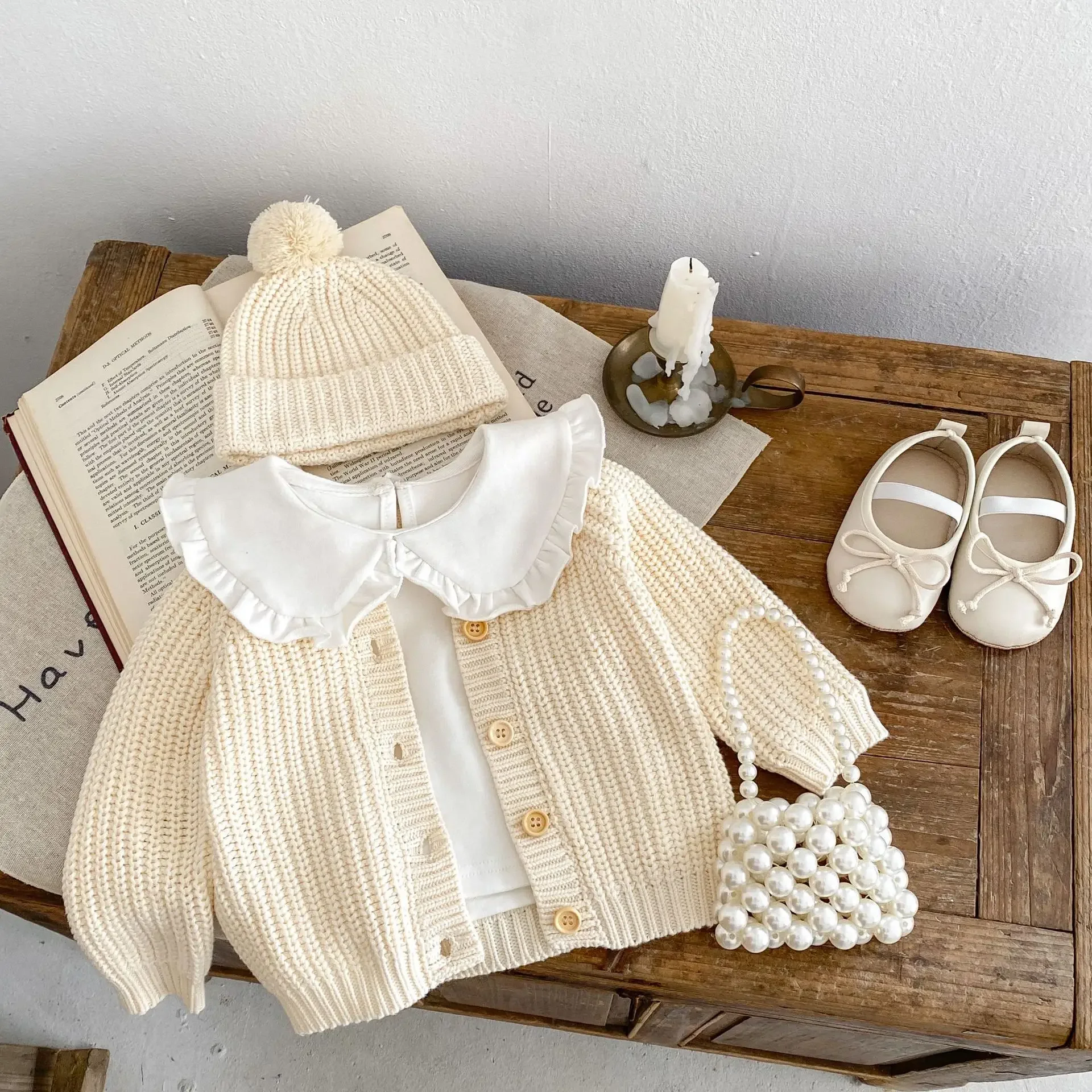 Baby Sweater Coat Autumn Solid Color Beige Knitted Girl's Sweater Long-sleeved Coat 0-3Year Kid's Cardigan