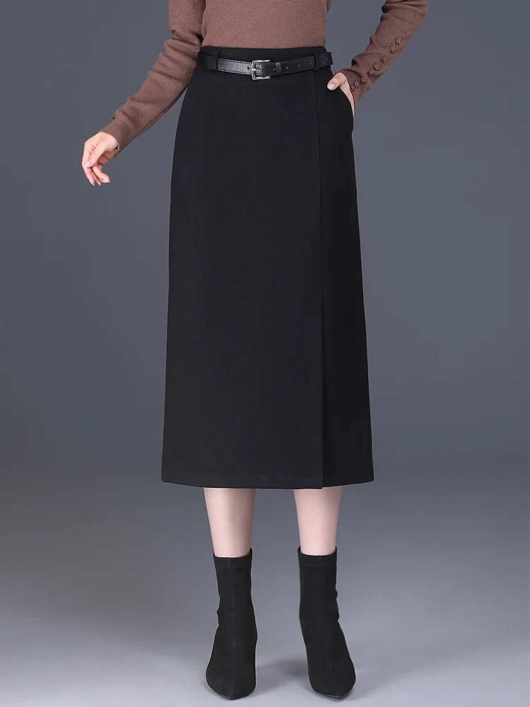 High Quality Skirts 2023 Fall Winter Women Black Brown Grey Woolen High Waist Slit Occupation S-3XL Mid Long Pencil Career Skirt очки велосипедные scott sway tortoise brown grey es241969 6952119