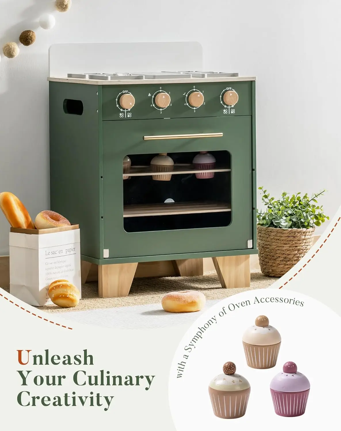 Robotime Wooden Toy Oven Kitchen Set Vintage Green with Play Food Pretend Play Oven Kitchen Set for Boys Girls