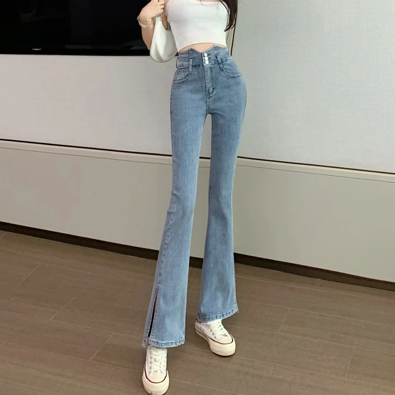 JMPRS High Waist Flare Jeans Elastic 100% Cotton Korean Skinny Denim Pants Fashion Button Blue Autumn Casual Female Jeans New straight jeans